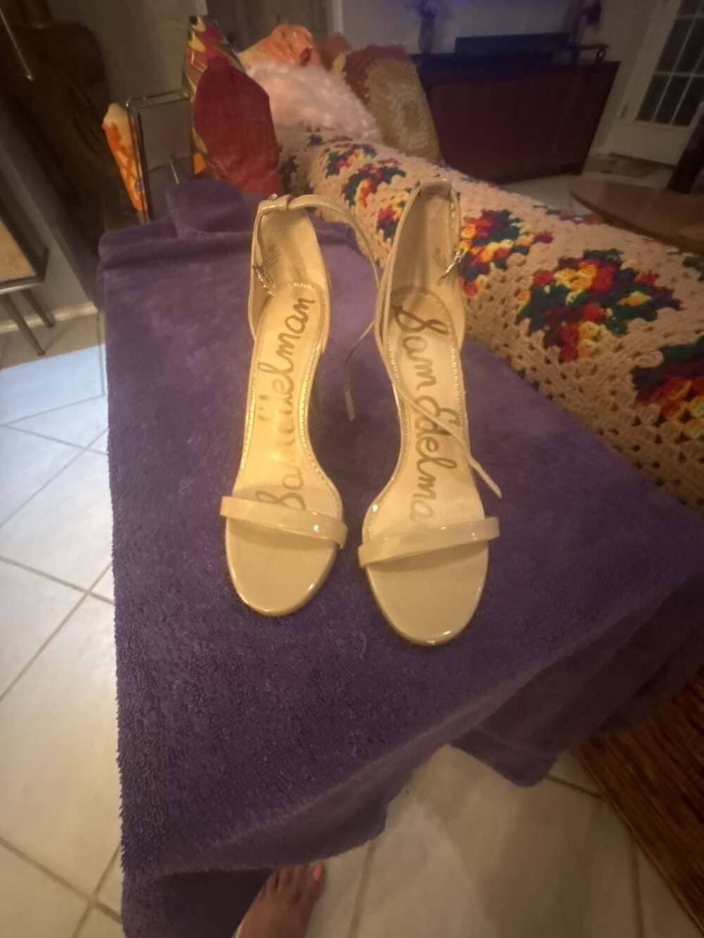 Sam Edelman Nude Patent Leather Ankle Strap Stiletto Heels